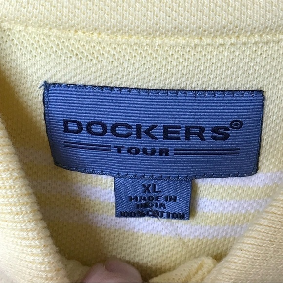 Dockers Tour Mens Polo Shirt Size XL 100% Cotton Yellow White Stripe Golf Sports - Picture 5 of 7